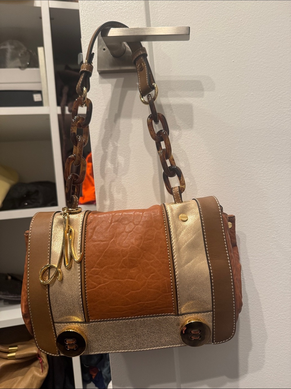 Milly Brown & Gold Leather Shoulder Bag